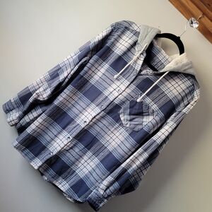 VANILLA STAR Blue Flannel Long Sleeve Button Down Hoodie Junior Women's XXL